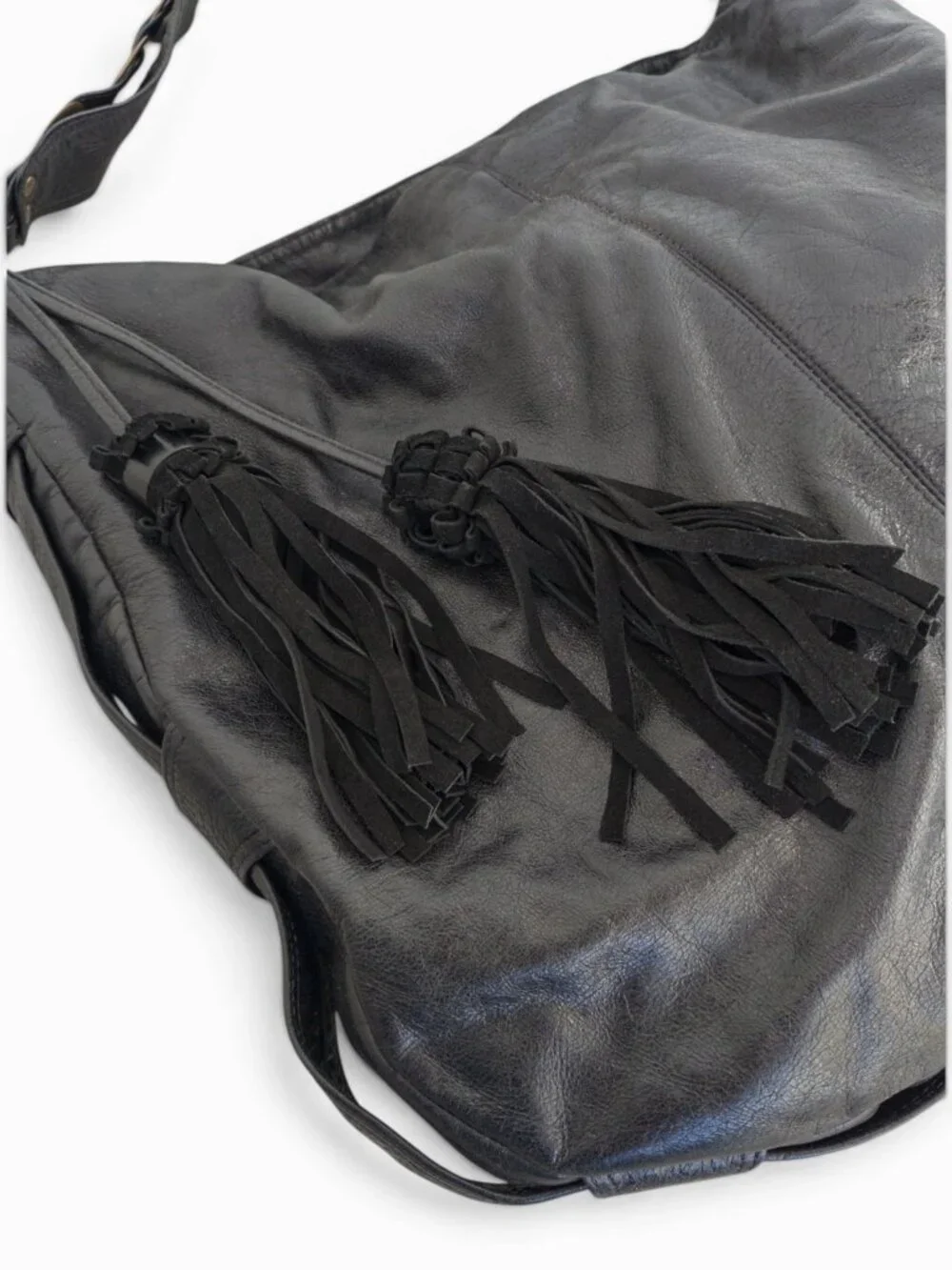 Malaika Designs Black Leather Hobo, Made in USA, Suede-Lined w/ Tassels